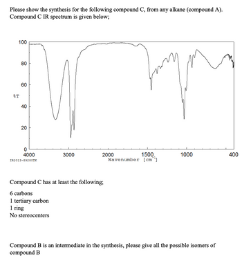 Please show the synthesis for the following compound C, from any alkane (compound A).
Compound C IR spectrum is given below;
100
80
60
60
%T
10
40
0
4000
3000
2000
1500
1000
400
IR2013-89280TK
Wavenumber [cm]
20
20
Compound C has at least the following;
6 carbons
1 tertiary carbon
1 ring
No stereocenters
Compound B is an intermediate in the synthesis, please give all the possible isomers of
compound B