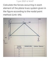 1 juin 2021 à 14:47
Calculate the forces occurring in each
element of the plane truss system given in
the figure according to the nodal point
method (Unit: kN).
2 [m]
D
5,0
[m]
6,0
Çubuk
Kuvveti
Şiddeti (kN)
Çekme / Basınç
SAB
SAC
SAD
SBD
ScD
