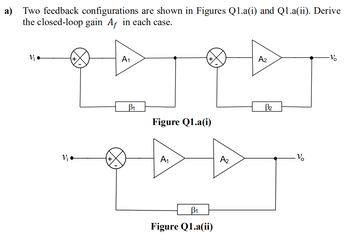 a) Two feedback configurations are shown in Figures Q1.a(i) and Q1.a(ii). Derive
the closed-loop gain Af in each case.
V₁.
V₁.
A1
B1
Figure Q1.a(i)
A₁
B₁
Figure Q1.a(ii)
A₂
A₂
B₂
ܘܢ
-V