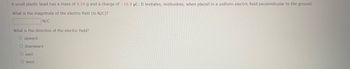 A small plastic bead has a mass of 4.16 g and a charge of -16.8 µC. It levitates, motionless, when placed in a uniform electric field perpendicular to the ground.
What is the magnitude of the electric field (in N/C)?
N/C
What is the direction of the electric field?
O upward
O downward
O east
O west