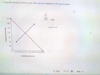 a. Draw the marginal revenue curve. Plot only the endpoints of the graph below.
210
180
Costs and revenues
@ ° ° ū
150
120
0
10 20 30 40 50 60 70 80 90100 1020130140
Quantity per period
D
MC
Tools
marginal rever
<Prev
2 of 11 NAM
Next >