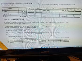 The table below is the current balance sheet for the Maple Leafs Bank. Answer the following questions assuming that the bank's target
reserve ratio is 10%.
Reserves
Loans
Assets
Securities
Fixed assets
Total
22
$120,000 $
680,000
250,000
350,000
$1,400,000
(1)
Reserves
(2)
$1,200,000 $
Liabilities / Equity
Demand deposits
Shareholders' equity
Total
a. This bank is (Click to select) by $
TUMAN
b. Suppose that a loan, in the amount of the excess reserves found in part (a), is made to Sats Mundin. Show the resulting balance
sheet in columns (1) in the table above.
< Prev
c. Suppose that Sats immediately spends all of his loan by writing a cheque to his psychologist, Freda Freud. She deposits it in her
account, which happens to also be at the Maple Leafs Bank.
The bank is now (Click to select) by $
d. Suppose, instead, that the bank makes a loan for the amount in your answer in part (a), which then clears against the Maple Leafs
Bank. Show the resulting balance sheet in columns (2) in the table above.
e. The Bank now has excess reserves of $
Suppose that there are a total of 9 other banks in the economy and that the balance sheet for the whole banking system is presented
in the table below. Assume that each of the other banks also has a target reserve ratio of 10%.
Assets
(1 all)
Liabilities / Equity
Demand deposits
11 of 14
SAMSUNG
A
Next >
$900,000 $
500,000
$9,000,000
$1,400,000
(370
(1 all)
(1)
$
(2)