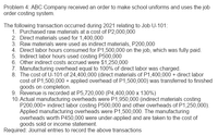 Problem 4: ABC Company received an order to make school uniforms and uses the job
order costing system.
The following transaction occurred during 2021 relating to Job U-101:
1. Purchased raw materials at a cost of P2,000,000
2. Direct materials used for 1,400,000
3. Raw materials were used as indirect materials, P200,000
4. Direct labor hours consumed for P1,500,000 on the job, which was fully paid.
5. Indirect labor hours used costing P500,000
6. Other indirect costs accrued were $1,250,000
7. Manufacturing overhead equal to 100% of direct labor was charged.
8. The cost of U-101 of 24,400,000 (direct materials of P1,400,000 + direct labor
cost of P1,500,000 + applied overhead of P1,500,000) was transferred to finished
goods on completion.
9. Řevenue is recorded at P5,720,000 (P4,400,000 x 130%)
10. Actual manufacturing overheads were P1,950,000 (indirect materials costing
P200,000+ indirect labor costing P500,000 and other overheads of P1,250,000).
Applied manufacturing overheads were P1,500,000. The manufacturing
overheads worth P450,000 were under-applied and are taken to the cost of
goods sold or income statement.
Required: Journal entries to record the above transactions
