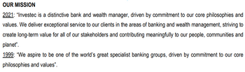 OUR MISSION
2021: "Investec is a distinctive bank and wealth manager, driven by commitment to our core philosophies and
values. We deliver exceptional service to our clients in the areas of banking and wealth management, striving to
create long-term value for all of our stakeholders and contributing meaningfully to our people, communities and
planet".
1999: "We aspire to be one of the world's great specialist banking groups, driven by commitment to our core
philosophies and values".