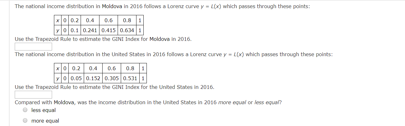 The national income distribution in Moldova in 2016 follows a Lorenz curve y = L(x) which passes through these points:
x00.2
0.4
0.6
0.8
y00.1 0.241 0.415 0.634 1
Use the Trapezoid Rule to estimate the GINI Index for Moldova in 2016.
The national income distribution in the United States in 2016 follows a Lorenz curve y = L(x) which passes through these points:
X0 0.2
0.8
0.4
0.6
y00.05 0.152 0.305 0.531 1
Use the Trapezoid Rule to estimate the GINI Index for the United States in 2016.
Compared with Moldova, was the income distribution in the United States in 2016 more equal or less equal?
O less equal
more equal
