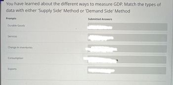 You have learned about the different ways to measure GDP. Match the types of
data with either 'Supply Side' Method or 'Demand Side' Method
Prompts
Durable Goods
Services
Change in inventories
Consumption
Exports
Submitted Answers