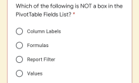 Which of the following is NOT a box in the
PivotTable Fields List? *
Column Labels
Formulas
Report Filter
O Values
