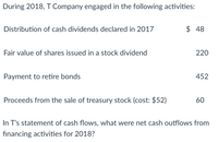 During 2018, T Company engaged in the following activities:
Distribution of cash dividends declared in 2017
$ 48
Fair value of shares issued in a stock dividend
220
Payment to retire bonds
452
Proceeds from the sale of treasury stock (cost: $52)
60
In T's statement of cash flows, what were net cash outflows from
financing activities for 2018?
