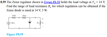 8.59 The Zener regulator shown in Figure P8.59 holds the load voltage at V = 14 V.
Find the range of load resistance R, for which regulation can be obtained if the
Zener diode is rated at 14 V, 5 W.
10 £2
www
50 V
2012
ww
Figure P8.59
R₂