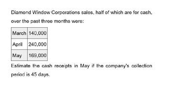 Diamond Window Corporations sales, half of which are for cash,
over the past three months were:
March 140,000
April 240,000
May 169,000
Estimate the cash receipts in May if the company's collection
period is 45 days.