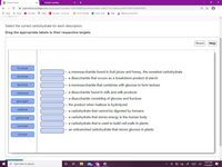 O Course Home
b Details | bartleby
A openvellum.ecollege.com/course.html?courseld=16561285&OpenVellumHMAC=dd25775cc7b85cec3204f753df519590#10001
: Apps G Gmail
O Maps
r Connect - To Do As...
O OCCC Moodle
P chem work
b help
I Balance Chemical E.
YouTube
Select the correct carbohydrate for each description.
Drag the appropriate labels to their respective targets.
Reset
Help
fructose
a monosaccharide found in fruit juices and honey, the sweetest carbohydrate
amylose
a disaccharide that occurs as a breakdown product of starch
)- a monosaccharide that combines with glucose to form lactose
|- a disaccharide found in milk and milk products
- a disaccharide consisting of glucose and fructose
glucose
cellulose
glycogen
- the product when maltose is hydrolyzed
maltose
a carbohydrate that cannot be digested by humans
|- a carbohydrate that stores energy in the human body
galactose
a carbohydrate that is used to build cell walls in plants
sucrose
- an unbranched carbohydrate that stores glucose in plants
lactose
10:47 PM
P Type here to search
99
3/10/2021
