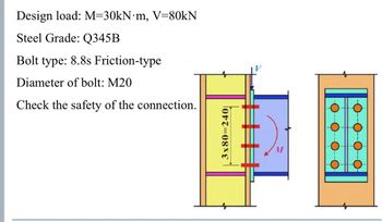 Design load: M=30kN·m, V=80kN
Steel Grade: Q345B
Bolt type: 8.8s Friction-type
Diameter of bolt: M20
Check the safety of the connection.
3x80=240|
M