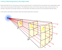 v Part 2: Discovering Limits to the simple model
Experiments like the one in the previous section have lead scientist to conclude that the force between two charged objects often
varies as the inverse square of their distance. This relationship, known as the inverse square law, pops up all over physics. For
example, it describes how the light intensity of a star decreases with distance and also how its gravitational field decreases.
In this section, we'll explore a situation where that simple model starts to fall short.
2r
