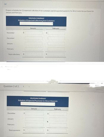 (a)
Prepare schedules for (1) expected collections from customers and (2) expected payments for direct materials purchases for
January and February.
November
December
January
February
Total collections $
Question 2 of 2
December
VAUGHN COMPANY
Schedule of Expected Collections from Customers
January
February
$
Total payments
$
January
$
VAUGHNCOMPANY
Schedule of Expected Payments for Direct Materials
$
January
$
$
February
$
February