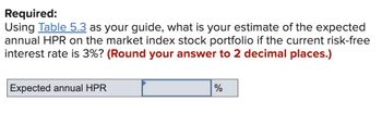 Required:
Using Table 5.3 as your guide, what is your estimate of the expected
annual HPR on the market index stock portfolio if the current risk-free
interest rate is 3%? (Round your answer to 2 decimal places.)
Expected annual HPR
%