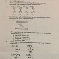 3.
How is lightning created?
Which diagram best represents the charge distribution on a neutral
electroscope when a negatively charged rod is held near it?
4.
(1)
(2)
(3)
(4)
Identical charges A, B and C are located between two oppositely charged
parallel plates, as shown in the diagram below.
5.
The magnitude of the force exerted on the charges by the electric field
between the plates is:
a) least on A, greatest on C
b) greatest on A, least on C
c) same on A & C, less on B
d) same for A, B and C
Which diagram best illustrates a neutral electroscope being charged by
conduction?
6.
++
(1)
(3)
