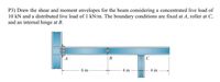 P3) Draw the shear and moment envelopes for the beam considering a concentrated live load of
10 kN and a distributed live load of 1 kN/m. The boundary conditions are fixed at A, roller at C,
and an internal hinge at B.
6 m
4 m
4 m
