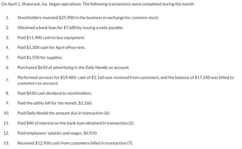 On April 1, Shamrock, Inc. began operations. The following transactions were completed during the month.
1. Stockholders invested $25,900 in the business in exchange for common stock.
Obtained a bank loan for $7,600 by issuing a note payable.
Paid $11,900 cash to buy equipment.
Paid $1,300 cash for April office rent.
Paid $1,550 for supplies.
Purchased $650 of advertising in the Daily Herald, on account.
Performed services for $19,400: cash of $2,160 was received from customers, and the balance of $17,240 was billed to
customers on account.
2.
3.
4.
5.
6.
7.
8.
9.
10.
11.
12.
13.
Paid $430 cash dividend to stockholders.
Paid the utility bill for the month, $2,160.
Paid Daily Herald the amount due in transaction (6).
Paid $40 of interest on the bank loan obtained in transaction (2).
Paid employees' salaries and wages, $6,910.
Received $12,960 cash from customers billed in transaction (7).