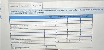 ok
nt
int
Required 1 Required 2
Prepare a properly formatted segmented income statement that would be more useful to management in assessing the
run profitability of the various product lines.
Contribution margin (loss).
Traceable fixed expenses:
Required 3
Total traceable fixed expenses
Product line segment margin (loss)
Net operating income (loss)
$
Totals
0
Dirt Bikes
0
0 $
0
0
Mountain Bikes Racing Bikes
0
0 $
0
0
0
$
0
0
0