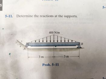 5
5-11. Determine the reactions at the supports.
-3 m
400 N/m
Prob. 5-11
-3 m
B
5-