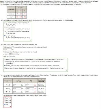 ### Analysis of Proportions of Defective Components from Three Suppliers

**Background:**
Benson Manufacturing is considering ordering electronic components from three different suppliers. The suppliers may differ in terms of quality, specifically in the proportion of defective components. To evaluate the proportion of defective components from the suppliers, Benson requested a sample shipment of 500 components from each supplier. The data on the number of defective components and the number of good components from each supplier is as follows:

| Component  | Supplier A | Supplier B | Supplier C |
|------------|------------|------------|------------|
| Good       | 483        | 478        | 458        |
| Defective  | 17         | 22         | 42         |

**Objectives:**
1. Formulate the hypotheses to test if the proportion of defective components is equal among the three suppliers.
2. Conduct a hypothesis test using a 0.05 level of significance.
3. Use multiple comparison tests to determine if one supplier can be eliminated based on poor quality.

#### (a) Formulate the Hypotheses:

- **Null Hypothesis \( H_0 \):** All population proportions of defective components are equal.
  \( p_A = p_B = p_C \)
  
- **Alternative Hypothesis \( H_3 \):** Not all population proportions of defective components are equal.

#### (b) Conduct the Hypothesis Test:

Using a 0.05 level of significance:
1. **Test Statistic Calculation:**
   \[
   \chi^2 = 13.703
   \]
   
2. **p-value:**
   \[
   p\text{-value} = 0.0011
   \]

Conclusion:
- Since the p-value (0.0011) is less than 0.05, we reject the null hypothesis \( H_0 \).
- We conclude that the suppliers do not provide equal proportions of defective components.

#### (c) Multiple Comparison Test:

To determine if there is an overall best supplier or if one supplier can be eliminated due to poor quality, we perform multiple comparisons using a 0.05 level of significance.

| Comparison | \( |\hat{p}_i - \hat{p}_j| \) | \( CV_{ij} \) | Significant \( \text{Diff} > CV_{ij} \) |
|------------|-------------------------------|--------------|-----------------------------------------|
| A vs. B    |