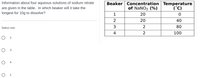 Information about four aqueous solutions of sodium nitrate
are given in the table. In which beaker will it take the
longest for 10g to dissolve?
Select one:
O 2
3
4
1
O
Beaker Concentration Temperature
of NaNO3 (%)
(°C)
1
20
0
2
20
40
3
2
80
4
2
100