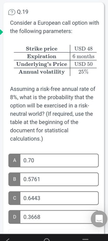 ?Q.19
Consider a European call option with
the following parameters:
Assuming a risk-free annual rate of
8%, what is the probability that the
option will be exercised in a risk-
neutral world? (If required, use the
table at the beginning of the
document for statistical
calculations.)
Strike price
USD 48
Expiration
6 months
Underlying's Price
USD 50
Annual volatility 25%
A
B
C
0.70
0.5761
0.6443
D 0.3668