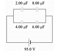 This image depicts an electrical circuit featuring a combination of capacitors and a power source.

### Circuit Components:

1. **Capacitors:**
   - **2.00 μF** capacitor
   - **8.00 μF** capacitor
   - **4.00 μF** capacitor
   - **6.00 μF** capacitor

2. **Voltage Source:**
   - A power source supplying **95.0 V**.

### Configuration:

- The capacitors are organized in a combination of parallel and series configurations.
- The 2.00 μF and 8.00 μF capacitors are connected in series.
- This series combination is connected in parallel with the series combination of 4.00 μF and 6.00 μF capacitors.
- The parallel configuration is then connected to a 95.0 V power source, forming a closed circuit.

### Analysis:
- To determine equivalent capacitance, one must first calculate the series capacitance of the two pairs and then combine them using the rules for parallel capacitance.
- This circuit exemplifies the principles of combining capacitors in various configurations to affect the overall circuit behavior.