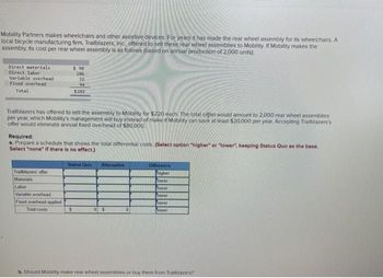 Mobility Partners makes wheelchairs and other assistive devices. For years it has made the rear wheel assembly for its wheelchairs. A
local bicycle manufacturing firm, Trailblazers, Inc., offered to sell these rear wheel assemblies to Mobility. If Mobility makes the
assembly, its cost per rear wheel assembly is as follows (based on annual production of 2,000 units).
Direct materials
Direct labor
Variable overhead
Fixed overhead
Total
$50
106
32
94
$282
Trailblazers has offered to sell the assembly to Mobility for $220 each. The total oftler would amount to 2,000 rear wheel assemblies
per year, which Mobility's management will buy instead of make if Mobility can save at least $20,000 per year. Accepting Trailblazers's
offer would eliminate annual fixed overhead of $80,000
Required:
a. Prepare a schedule that shows the total differential costs. (Select option "higher" or "lower", keeping Status Quo as the base.
Select "none" if there is no effect.)
Status Quo Alternative
Difference
Trailblazers offer
higher
Materials
Tower
Labor
Towar
Variable overhead)
Tower
Fixed overhead applied)
Tower
Total costs
S
0 $
Tower
b. Should Mobility make rear wheel assemblies or buy them from Trailblazers?