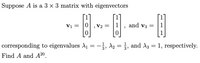 Suppose A is a 3 x 3 matrix with eigenvectors
[1]
V1 =
V2 =
1
and v3 =
corresponding to eigenvalues A1 =-, d2 = }, and A3 = 1, respectively.
Find A and A20.
