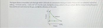 The figure shows a reversible cycle through which 1.00 mole of a monatomic ideal gas is taken. Process bc is an adiabatic expansion,
with p = 9.70 atm and V=2.60 x 10³ m². For the cycle, find (a) the energy added to the gas as heat, (b) the energy leaving the gas as
heat. (c) the network done by the gas, and (d) the efficiency of the cycle.
Prevare
Adiabatic
Volume
8.00V,