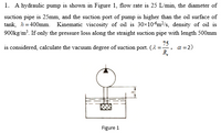 1. A hydraulic pump is shown in Figure 1, flow rate is 25 L/min, the diameter of
suction pipe is 25mm, and the suction port of pump is higher than the oil surface of
tank, h= 400mm. Kinematic viscosity of oil is 30x10-6m²/s, density of oil is
900kg/m³. If only the pressure loss along the straight suction pipe with length 500mm
75
is considered, calculate the vacuum degree of suction port. (2 =
R,
a =2)
Figure 1
