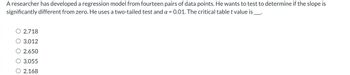 A researcher has developed a regression model from fourteen pairs of data points. He wants to test to determine if the slope is
significantly different from zero. He uses a two-tailed test and a = 0.01. The critical tablet value is
2.718
3.012
2.650
O 3.055
O 2.168