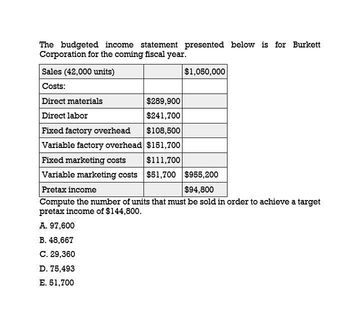 The budgeted income statement presented below is for Burkett
Corporation for the coming fiscal year.
Sales (42,000 units)
Costs:
Direct materials
Direct labor
Fixed factory overhead
$289,900
$241,700
$108,500
Variable factory overhead $151,700
Fixed marketing costs
$111,700
$1,050,000
Variable marketing costs $51,700 $955,200
Pretax income
$94,800
Compute the number of units that must be sold in order to achieve a target
pretax income of $144,800.
A. 97,600
B. 48,667
C. 29,360
D. 75,493
E. 51,700