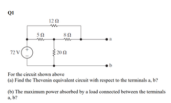 Answered: Q1 72 V + 5Ω 12 Ω M 8 Ω : 20 Ω A B For… | Bartleby