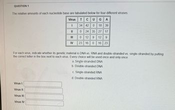 QUESTION 1
The relative amounts of each nucleotide base are tabulated below for four different viruses.
Virus
T
CUG
A
1
34 42 0 18 39
||
III
0 24 35 27 17
0
12 9 12 9
IV
23 16 0 16 23
For each virus, indicate whether its genetic material is DNA vs. RNA and double-stranded vs. single-stranded by putting
the correct letter in the box next to each virus. Every choice will be used once and only once.
Virus I:
Virus II:
Virus III:
Virus IV:
a. Single-stranded DNA
b. Double-stranded DNA
c. Single-stranded RNA
d. Double-stranded RNA