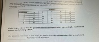 When flies homozygous for the recessive mutation are crossed with flies heterozygous for the deletions, the following
results are obtained in which "m" represents recovery of flies with a mutant phenotype and "+" represents recovery of
only flies with a wildtype phenotype. Use the data from the table below to determine the order of the genes (a-e) on the
chromosome.
Deletions
a
b
Mutants
C
1
+
+
+
m
2
+
m
+
m
+
3
m
m
m
m
4
+
+
m
+
5
m
+
m
m
+
What is the gene order for these five genes? Please do not separate the letters representing the mutations with
spaces or punctuation (e.g. LMNOP)
In the table above, when there is an "m" in the box, the deletion chromosome (complements or fails to complement)
the chromosome with the mutation.