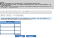 Required:
a. Record each transaction in the appropriate columns. Indicate the financial statement effect.
b. Calculate the total assets, liabilities, and stockholders' equity at the end of the month and calculate the amount of net
income for the month.
c. After completing parts a through I, prepare an income statement for Blue Co. Stores Inc. for the month presented and a
balance sheet at the end of the month.
Complete this question by entering your answers in the tabs below.
Required A
Required B
Required C1
Required C2
After completing parts a through I, prepare an income statement for Blue Co. Stores Inc. for the month presented. (Enter
decreases with
minus sign to indicate a negative income statement effect.)
BLUE CO. STORES INC.
Income Statement Effect
< Required B
Required C2
>
