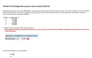 Problem 12-14 (Algo) Net present value method [LO12-4]
Aerospace Dynamics will invest $150,000 in a project that will produce the following cash flows. The cost of capital is 11 percent. (Note
that the fourth year's cash flow is negative.) Use Appendix B for an approximate answer but calculate your final answer using the
formula and financial calculator methods.
Year
1
2
3
4
5
Cash Flow
$49,000
60,000
52,000
(60,000)
110,000
a. What is the net present value of the project?
Note: Negative amount should be indicated by a minus sign. Do not round intermediate calculations and round your answer to
2 decimal places.
> Answer is complete but not entirely correct.
Net present value $ 40,996.33 X
b. Should the project be undertaken?
Ⓒyes
no