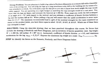 **Group Problem:** You are planning to build a log cabin in Northern Minnesota on a remote hill with a beautiful view of the setting sun. You will drag the logs up a long sometimes rocky hill to the building site by means of a rope attached to a winch. You will need a rope for this job so you aim to know how much weight the rope would safely support. You are operating on a tight budget so matching the rope strength would be a cost saver. You know that the logs are heavy, and estimate the heaviest as 1,000 lbs. From maps you verify the hill is steeped at an angle of θ = 70° with respect to the vertical, and you estimate a coefficient of kinetic friction between a log and the earthen hill as 0.5. When pulling a log you will ensure that the uphill acceleration is never more than 3.0 ft/s². The maximum recommended load is \(\frac{1}{10}\)th of the nominal strength for the ropes considered as stated on the product labels, you have three ropes in mind: 12 kN, 18 kN, & 24 kN. Which one of these three rope strengths is best?

**SOLUTION:** Using the step-wise strategy that we have practiced throughout this course, for forces that includes the drawing of Freebody and Force Diagrams, and an inventory of known quantities: max. log weight: W = 1,000 lbs, hill incline: θ = 20° (w.r.t. horizontal), coefficient of kinetic friction: μ = 0.5, and maximum acceleration for the log: a_max = 3 ft/s². Express the maximum log weight as a mass: m_log = ______ kg.

**STEP A:** Identify the forces on the Scenario, Freebody, and Force Diagrams below:

- **Scenario Diagram:** Displays a log on a hill inclined at 20° with a rope attached to a winch.
  
- **Freebody Diagram:** Shows a log with two vectors: one pointing up along the incline and another perpendicular to the incline.

- **Force Diagram:** Depicts a point with vectors indicating forces in both +x and +y directions.

These diagrams illustrate the forces acting on the log as it is pulled up the hill. 