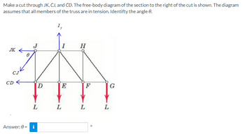 Make a cut through JK, CJ, and CD. The free-body diagram of the section to the right of the cut is shown. The diagram
assumes that all members of the truss are in tension. Identifty the angle 8.
1₂
JK
CD
D
L
Answer: 0 = i
L
I
E
H
L
F
O
L
G