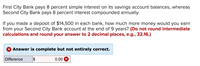 First City Bank pays 8 percent simple interest on its savings account balances, whereas
Second City Bank pays 8 percent interest compounded annually.
If you made a deposit of $14,500 in each bank, how much more money would you earn
from your Second City Bank account at the end of 9 years? (Do not round intermediate
calculations and round your answer to 2 decimal places, e.g., 32.16.)
X Answer is complete but not entirely correct.
Difference
$
0.00 X
