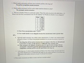 1. Which market structure(s) will have zero economic profits in the long run?
The perfect competition market structure.
2. Which market structure(s) will be a price maker and have barriers to entry?
The monopoly market structure.
3. There are currently 8 firms in a particular market. There firm sales are given in the table below. (1)
What is the four-firm concentration ratio for this industry? (2) Would you classify it as an oligopoly?
60%.
4.
Firm
1
2
3
4
5
6
7
8
3.1 Four Firm concentration ratio= 71.43%
3.2 You would classify it as an oligopoly because the concentration ratio is greater than
Sales
$1,000
$1,500
$2,000
$2,500
$3,000
$1,000
$500
$2,500
Airhough market structures vary widely in their characteristics, (1) what is one common aspect
among all of them? (2) What is the potential calculation for your previous answer (Answers in
4.1)?
4.1 One thing that all the market structures have in common is that they are all motivated
by the desire to make a profit and serve a sufficiently large consumer base.
4.2 Only monopoly and oligopoly enterprises generate supernormal earnings, whereas
monopolistic competition generates supernormal profits in the short run. In perfect
competition, economic profit is zero for most firms in the long run.
5. In the long run, (1) which market structures are likely to have their average cost curve just sit on
top of their demand curve? (2) What does this imply for each market structure? (3) Are there any
differences in the market structures you gave in your previous answer?
5.1
6. What market structure(s) are likely to cause a net loss to societal welfare?