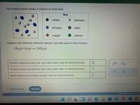 The drawing below shows a mixture of molecules:
key
carbon
O hydrogen
O nitrogen
O sulfur
oxygen
O chlorine
Suppose the following chemical reaction can take place in this mixture:
3 H2(g)+N2(g) → 2 NH3(g)
Of which reactant are there the most initial moles? Enter its chemical formula:
Of which reactant are there the least initial moles? Enter its chemical formula:
Which reactant is the limiting reactant? Enter its chemical formula:
I Don't Know
Submit
O2022 McGraw Hill LLC. All
W
