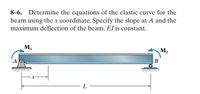 8–6.
Determine the equations of the elastic curve for the
beam using the x coordinate. Specify the slope at A and the
maximum deflection of the beam. El is constant.
Mo
M,
B
L
