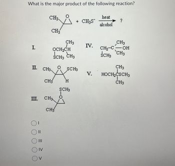 What is the major product of the following reaction?
I.
CH3
heat
+ CH3S
?
alcohol
CH3
CH3
CH3
IV.
OCH₂CH
SCH3 CH3
CH2-C OH
SCH3 CH3
CH3
II.
CH3
SCH3
V.
HOCH₂CSCH3
CH3
H
CH3
SCH3
III.
CH3
CH3
III
IV