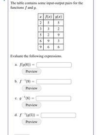 The table contains some input-output pairs for the functions \( f \) and \( g \).

\[
\begin{array}{|c|c|c|}
\hline
x & f(x) & g(x) \\
\hline
2 & 5 & 5 \\
3 & 3 & 2 \\
5 & 2 & 9 \\
6 & 9 & 3 \\
9 & 6 & 6 \\
\hline
\end{array}
\]

Evaluate the following expressions.

a. \( f(g(6)) = \) \(\_\_\_\_\_\_\_\_\_\_\)

b. \( f^{-1}(9) = \) \(\_\_\_\_\_\_\_\_\_\_\)

c. \( g^{-1}(6) = \) \(\_\_\_\_\_\_\_\_\_\_\)

d. \( f^{-1}(g(5)) = \) \(\_\_\_\_\_\_\_\_\_\_\)