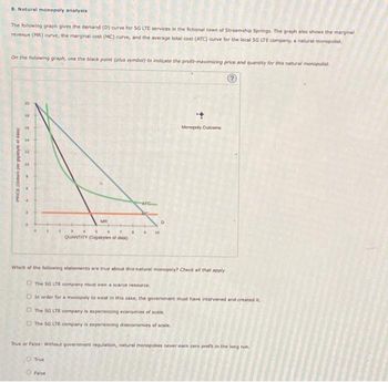 8. Natural monopoly analysis
The following graph gives the demand (D) curve for SG LTE services in the fictional town of Streamship Springs. The graph also shows the marginal
revenue (MR) curve, the marginal cost (MC) curve, and the average total cost (ATC) curve for the local 5G LTE company, a natural monopolist.
On the following graph, use the black point (plus symbol) to indicate the profit-maximizing price and quantity for this natural monopolist
?
PRICE (Dotars per gigabyte of data)
RSA
MR
O True
T
QUANTITY (Gigabytes of data)
False
ATC
RIC
. . 10
D
Which of the following statements are true about this natural monopoly? Check all that apply
D The SG LTE company must own a scarce resource.
In order for a monopoly to exist in this case, the government must have intervened and created it
The SG LTE company is experiencing economies of scale
□ The SG LTE company is experiencing diseconomies of scale.
Monopoly Outcome
True or False: Without government regulation, natural monopolies never earn zero profit in the long run.