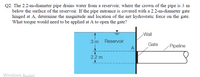 Q2. The 2.2-m-diameter pipe drains water from a reservoir, where the crown of the pipe is 3 m
below the surface of the reservoir. If the pipe entrance is covered with a 2.2-m-diameter gate
hinged at A, determine the magnitude and location of the net hydrostatic force on the gate.
What torque would need to be applied at A to open the gate?
Wall
3 m Reservoir
Gate
Pipeline
A
2.2 m
Windows bui
