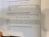 ### Market Supply and Demand Analysis

---

#### Question 22
Assume a market supply function is given by the equation:

\[ Q_s = -7 + 0.6P \]

where \( Q_s \) is the quantity supplied and \( P \) is the price. If \( P \) equals 15, the value of the producer surplus is closest to:

- **A.** 3.3
- **B.** 41.0
- **C.** 67.5

---

#### Information for Questions 23 through 25

The market demand function for four-year private universities is given by the equation:

\[ Q^{d}_{pr} = 84 - 3.1P_{pr} + 0.81I + 0.9P_{pu} \]

where \( Q^{d}_{pr} \) is the number of applicants to private universities per year in thousands, \( P_{pr} \) is the average price of private universities (in thousands of USD), \( I \) is the household monthly income (in thousands of USD), and \( P_{pu} \) is the average price of public (government-supported) universities (in thousands of USD). Assume that \( P_{pr} \) is equal to 38, \( I \) is equal to 100, and \( P_{pu} \) is equal to 18.

---

#### Question 23

The price elasticity of demand for private universities is closest to:

- **A.** -3.1
- **B.** -1.9
- **C.** 0.6

---

### Explanation of Concepts

- **Market Supply Function:** This equation describes the relationship between the price and the quantity of a good that producers are willing to supply. The constant term indicates the base level of supply, while the coefficient of \( P \) shows how supply changes with price.

- **Market Demand Function:** This equation captures the factors influencing the demand for a product, showing how various economic variables like price, income, and substitute goods (public university prices) affect the number of applicants to private universities.

- **Price Elasticity of Demand:** This measures the responsiveness of the quantity demanded to a change in price, indicating whether demand is elastic or inelastic.

Understanding these functions and concepts helps in analyzing market dynamics and predicting consumer behavior.